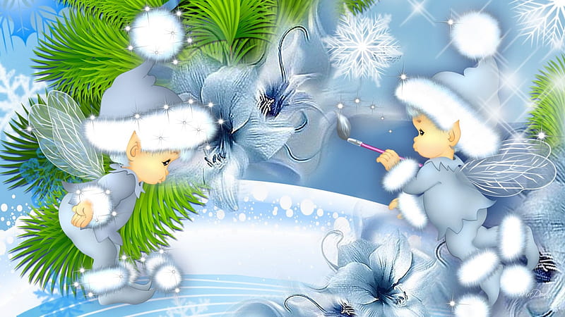 Painting Winter Blue, flowers, feliz navidad, christmas, elves, winter, sweet, cold, cute, tree, snowflakes, flowers, paint brush, HD wallpaper