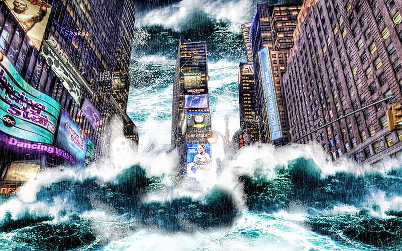 tsunami, new york, times square, tsunami digital art, HD wallpaper
