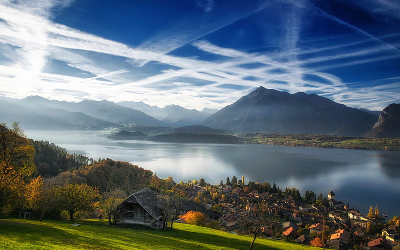 Lake Thun, Bernese Alps, autumn, mountain landscape, lake, morning, Switzerland, Bernese Oberland, HD wallpaper