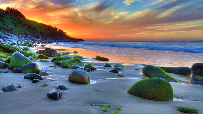 Rocky Coast Sunset, rocks, sky, clouds, sea, beach, sand, water, stone, moss, nature, landscape, coast, HD wallpaper