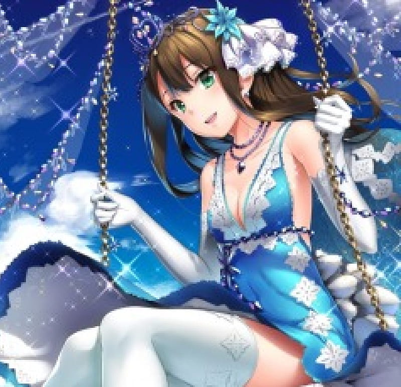 Shibuya Rin, pretty, dress, bonito, woman, clouds, sweet, gloves, anime, beauty, anime girl, blue, art, female, lovely, jewels, smile, soft, chains, sky, cute, girl, lady, white, HD wallpaper