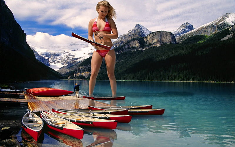 Giantess Hayden Panettiere at Lake Louise, Lake, Model, Bikini, Blonde, HD wallpaper