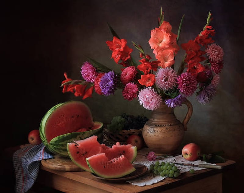 Still life with autumn, Table, Fruits, Flowers, Vase, Bouquet, HD wallpaper