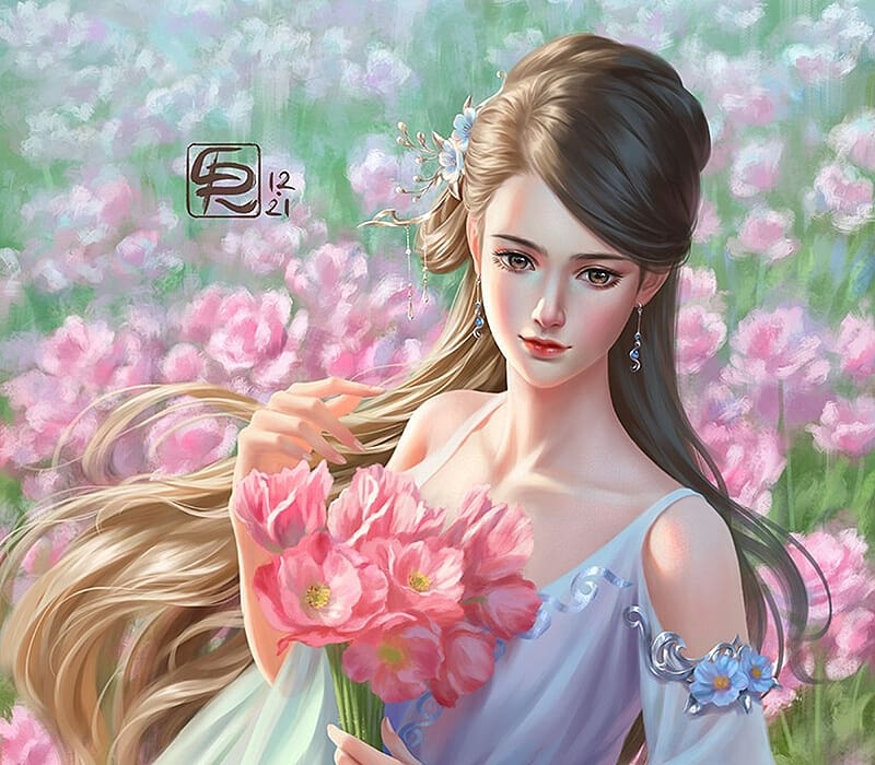 Flower field, field, flower, crystalrain, pink, fantasy, crystal rain, girl, HD wallpaper