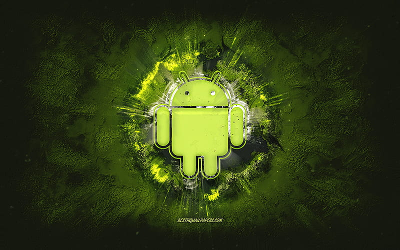 Android logo, grunge art, green stone background, Android green logo, Android, creative art, green Android grunge logo, HD wallpaper