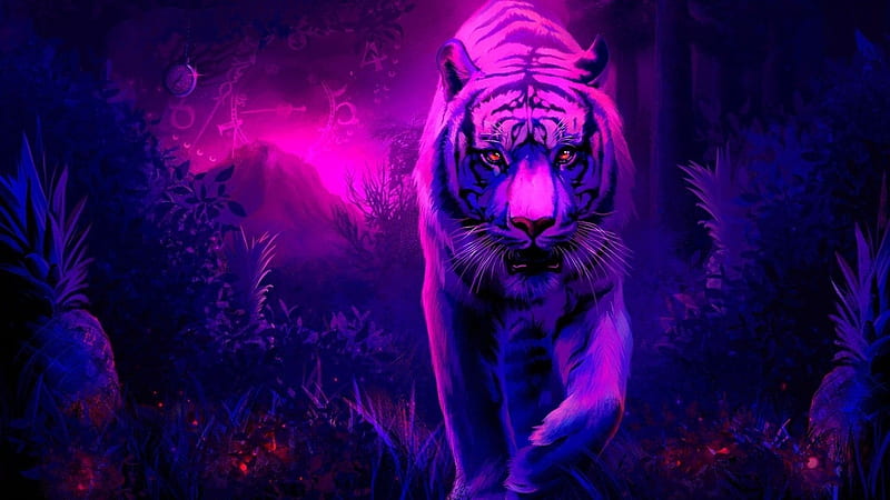 Purple Tiger, Pink, Galaxy, Neon, Jungle, Digital, Animal, Purple, Art, Tiger, Cat, HD wallpaper
