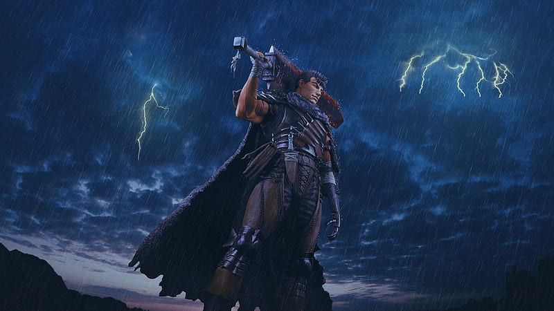 berserk, raining, lightning, sword, 3d modelling, Anime, HD wallpaper