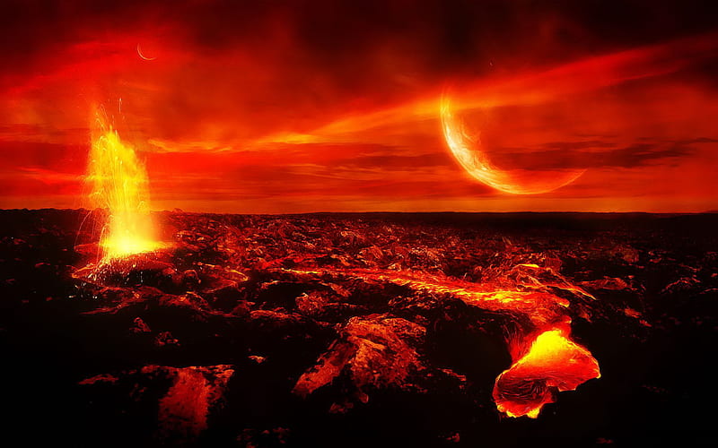 burning planet, fire, burn, volcano, planet, HD wallpaper