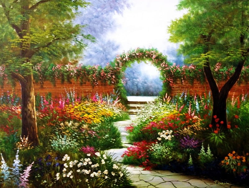 Garden with Trellis, gate, painting, flowers, path, trees, wall, artwork, HD wallpaper