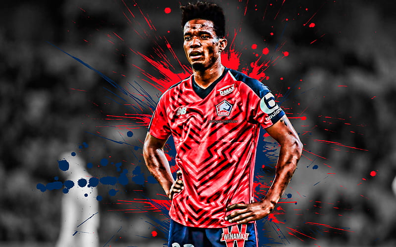 Thiago Mendes Brazilian football player, Lille OSC, midfielder, red and blue paint splashes, creative art, Ligue 1, France, football, grunge, Lille Olympique Sporting Club, HD wallpaper