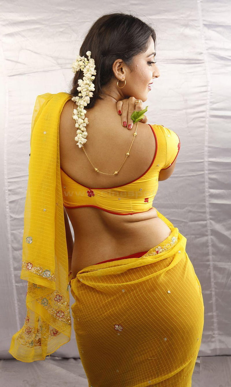Anushka Back, curves, gajra, girl, indian, model, saree, south, yellow, HD  phone wallpaper
