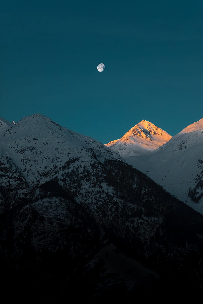 mountains, peak, moon, snowy, twilight, HD phone wallpaper