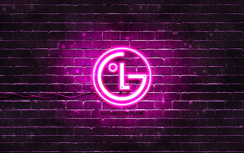 LG purple logo purple brickwall, LG logo, brands, LG neon logo, LG, HD wallpaper