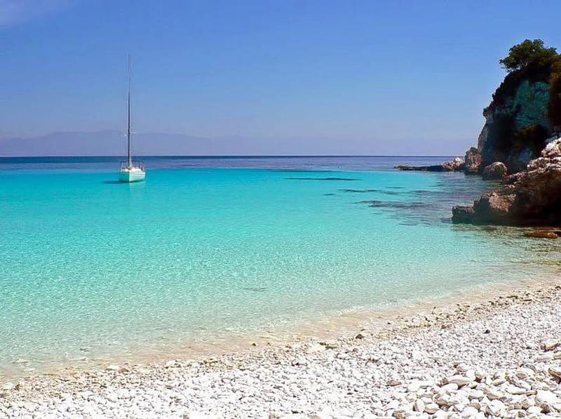 Antipaxos, greece, greek sea, beach season, blue, graph holiday, wall, happy, ship, summer, island, HD wallpaper