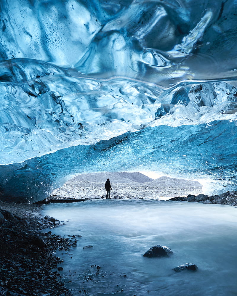 cave, ice, man, glacier, frozen, HD phone wallpaper