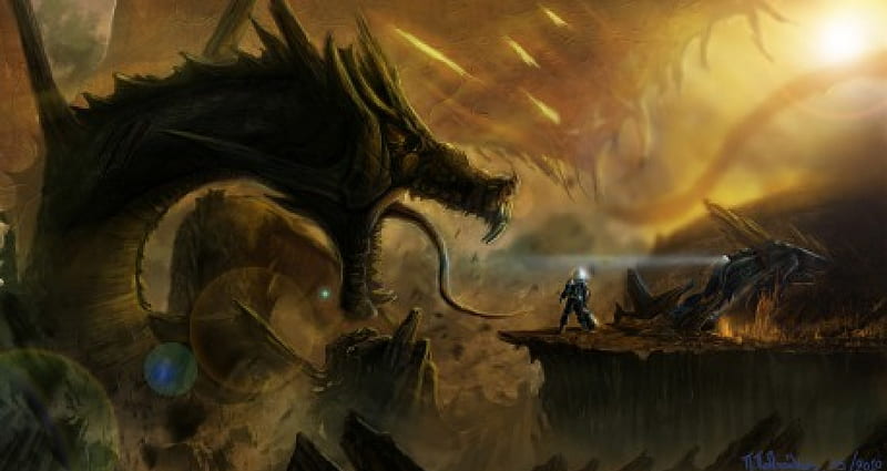 Gargantuan Dragon, monster dragon, gigantic beast, black, yellow, dragon, gigantic, fantasy, dark, monster, HD wallpaper