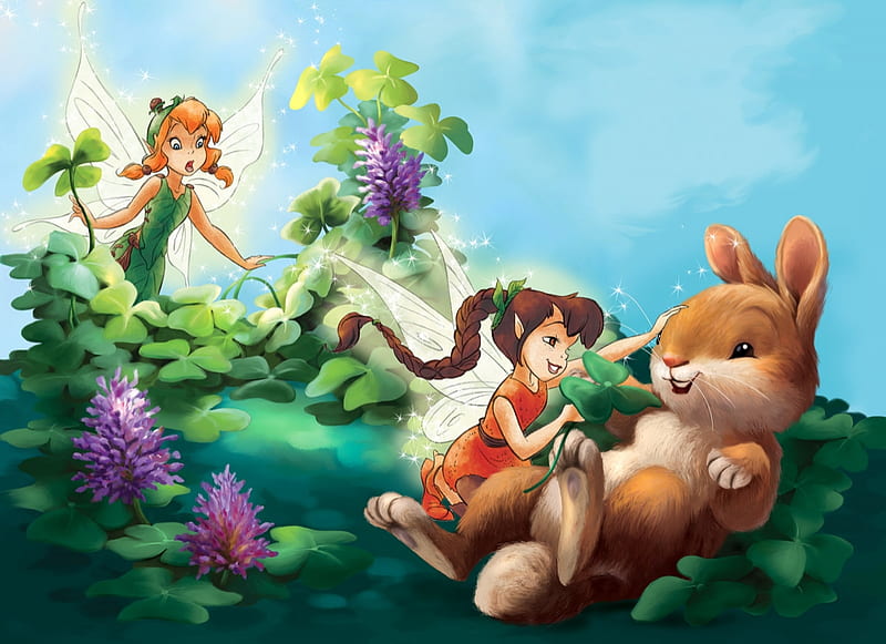 Fairies and bunny, cute, fawn, fantasy, green, bunny, fairy, animal, disney, HD wallpaper