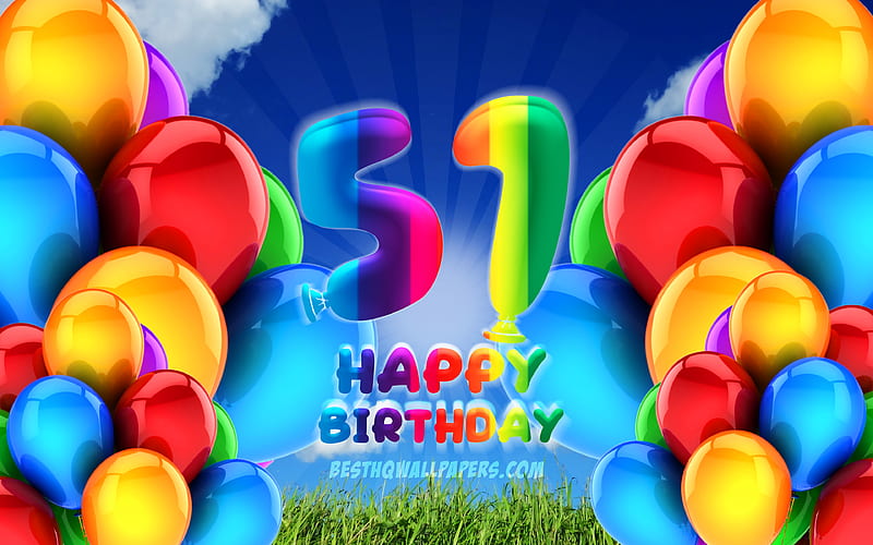 Happy 51 Years Birtay, cloudy sky background, Birtay Party, colorful ballons, Happy 51st birtay, artwork, 51st Birtay, Birtay concept, 51st Birtay Party, HD wallpaper