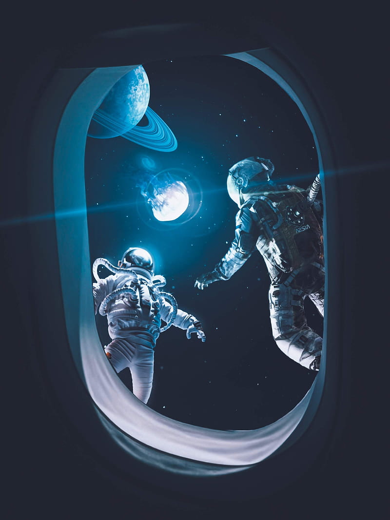 Astronauts, astronaut, earth, jellyfish, plane, planet, sky, stars, HD phone wallpaper