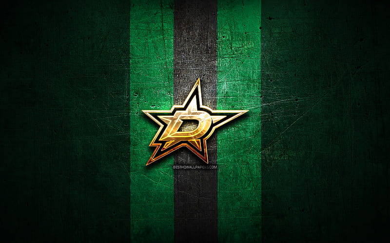 Dallas Stars, golden logo, NHL, green metal background, american hockey team, National Hockey League, Dallas Stars logo, hockey, USA, HD wallpaper