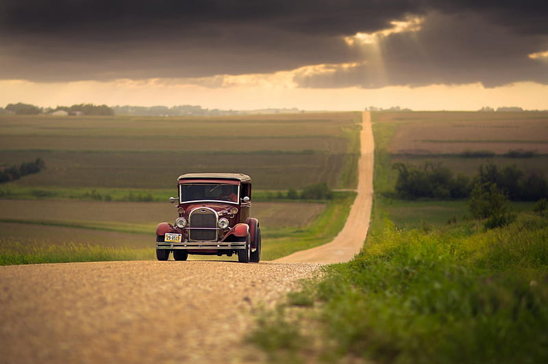 Oldtimer, countryside, long, road, clouds, sky, HD wallpaper