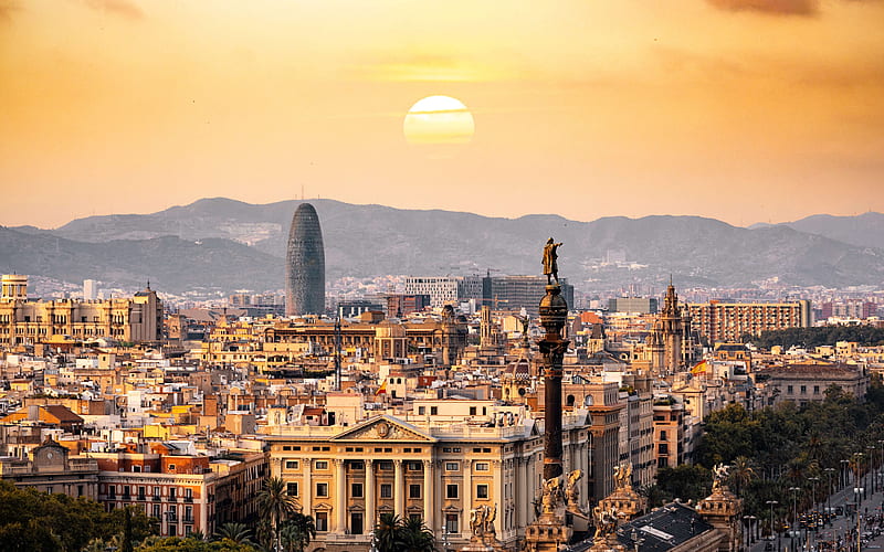 Barcelona sunset, cityscapes, spanish cities, Spain, modern buildings, Barcelona skyline, Cities of Spain, HD wallpaper