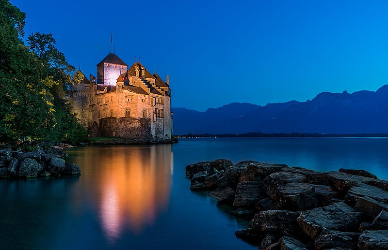 Chillon Castle, Alps, stones, lake Geneva, mountains, Montreux, Switzerland, lake, HD wallpaper