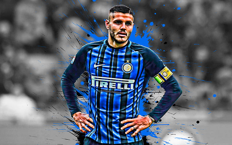 Mauro Icardi, Argentinian footballer, Inter Milan FC, portrait, striker, Internazionale FC, Serie A, blue black paint splashes, art, Italy, football, Icardi, HD wallpaper