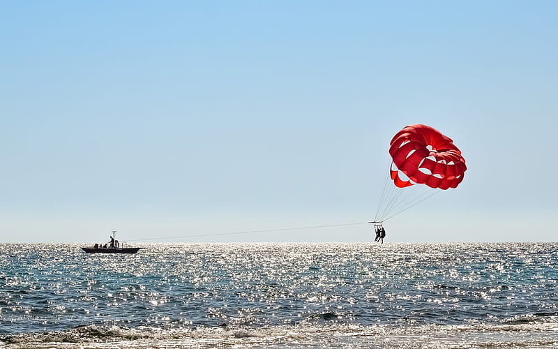Parasailing, cutter, parachute, sunshine, sky, sea, HD wallpaper
