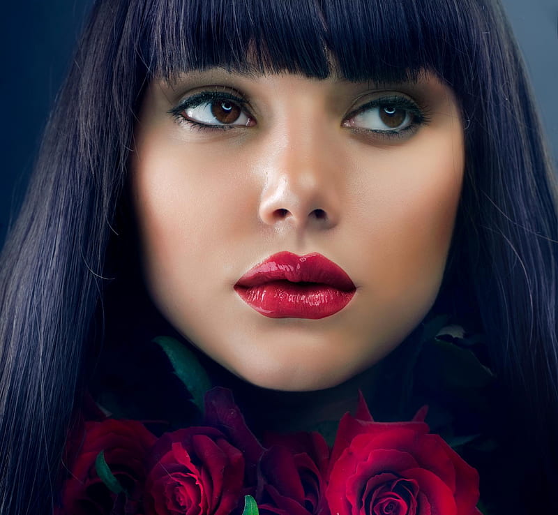 Red Lips, red roses, red, pretty, rose, bonito, woman, red rose, hair, graphy, people, beauty, face, female, lovely, roses, lips, brunette, girl, makeup, eyes, HD wallpaper