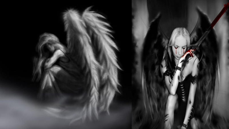 Dark Angels, wings, bloody tears, gothic, dark, black and white, angels, blood, HD wallpaper