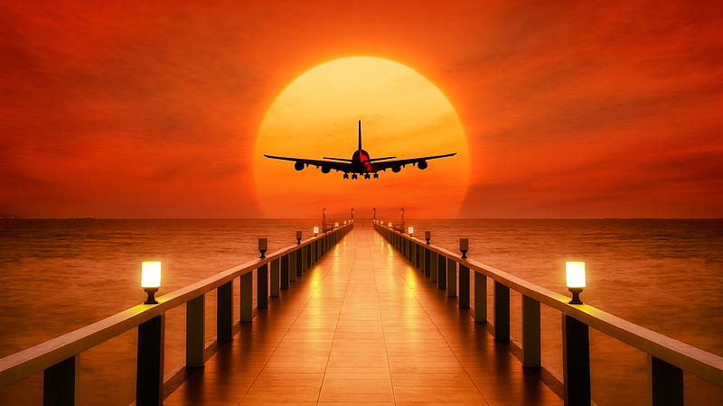 Airplane Takeoff During Sunset, airplane, sun, pier, sunset, nature, sky, sea, HD wallpaper