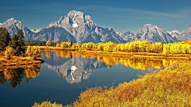 River With Ash Color Mountain Reflection Surrounded By Yellow Leafed Trees During Daytime Nature, HD wallpaper