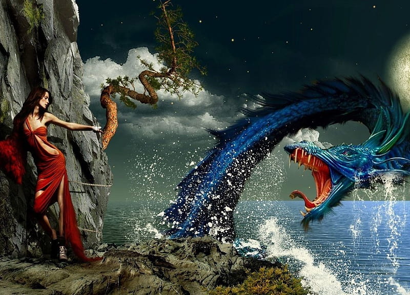 Dragon Lady, rocks, tree, beast, artwork, sea, HD wallpaper | Peakpx