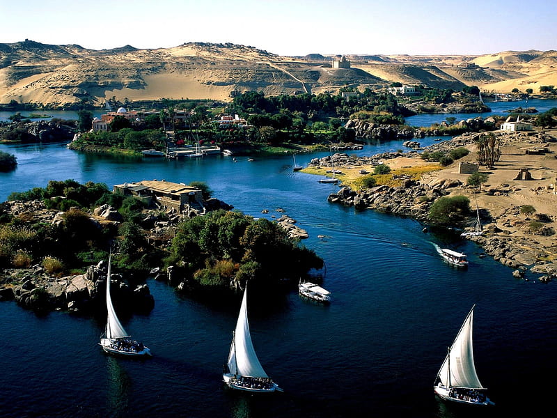 Nile River, Egypt, graph, sail boat, boats, sand, water, desert, river, nile, HD wallpaper