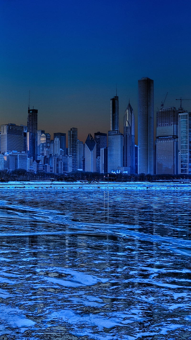 Frozen City, building, chicago, ze, ice, lake, winter, HD phone wallpaper