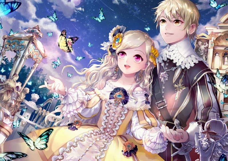 Milady de Butterfly, pretty, house, wing, sweet, nice, butterfly, love, anime, beauty, anime girl, long hair, wings, lovely, romance, gown, blonde, sky, sexy, happy, short hair, building, cute, lover, dress, blond, bonito, hot, couple, gorgeous, female, cloud, romantic, blonde hair, smile, blond hair, kawaii, girl, legant, HD wallpaper