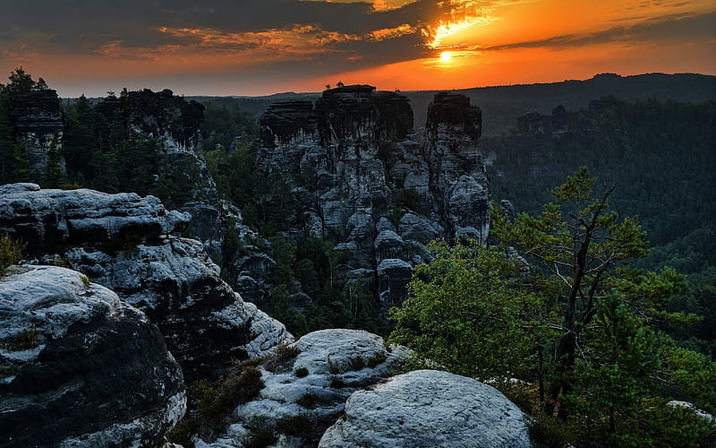 sunset, rocks, mountains, valley, Oberrathen, Saxony, Germany, HD wallpaper