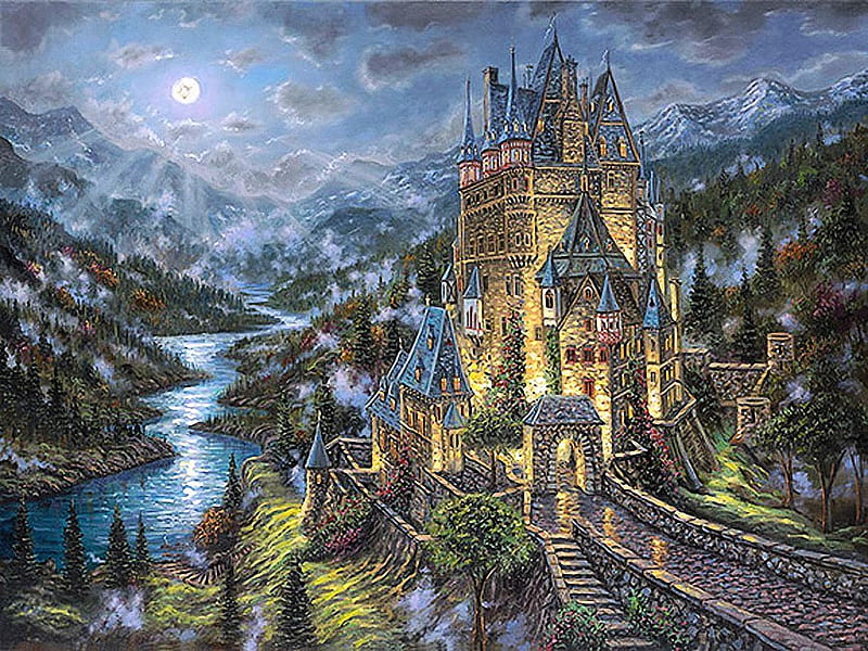 Robert Finale - Moon over Eltz Castle, Germany, towers, mountains, river, trees, clouds, sky, rhine, artwork, building, painting, HD wallpaper