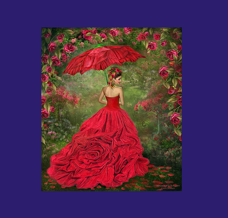 Red Roses Garden, green, Carol Cavalaris, garden, umbrella, rose dress, roses, 2144x2050, red, hair adornment, illustration, HD wallpaper