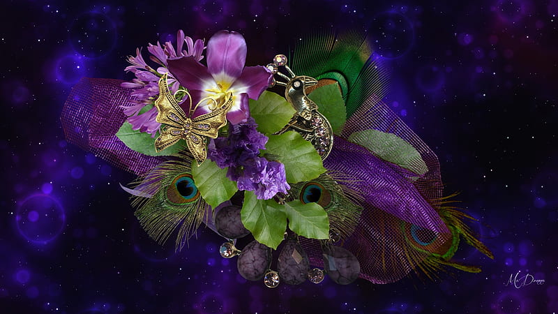 Flowers and Feathers, gold, peahen, purple, dramatic, peacock, feathers, HD wallpaper