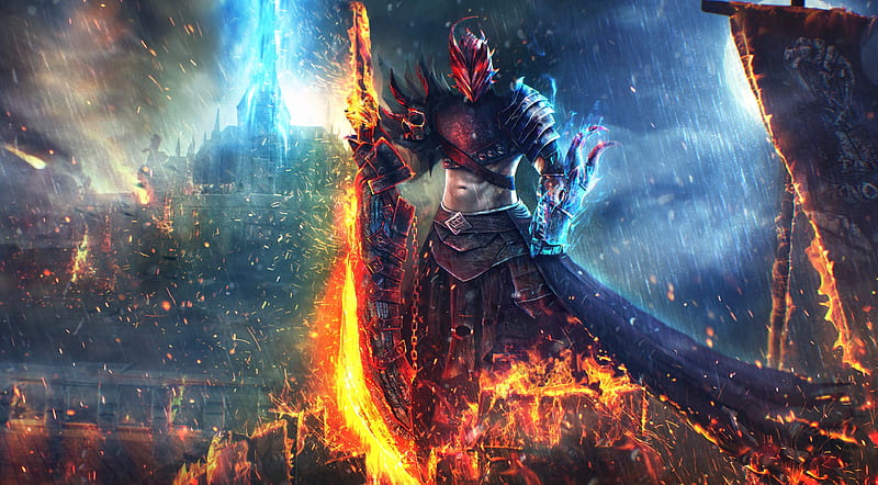 flames, demon, fire, two hand sword, Fantasy, HD wallpaper