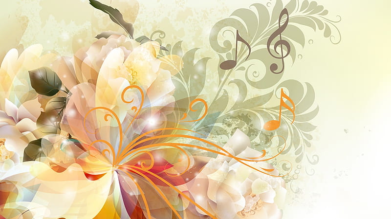 Floral Designation, art, music, notes, abstract, floral, leaves, flowers, vines, Firefox Persona theme, HD wallpaper
