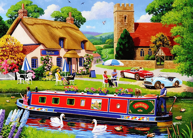 The Good Life, canal, public house, ducks, church, swans, carros, pub, water, flowers, barge, dogs, vintage, HD wallpaper