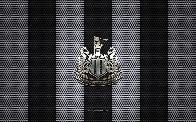 Newcastle United FC logo, English football club, metal emblem, black white metal mesh background, Newcastle United FC, Premier League, Newcastle upon Tyne, England, football, HD wallpaper