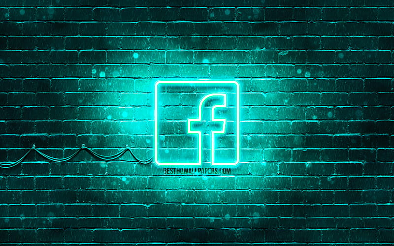 Facebook turquoise logo turquoise brickwall, Facebook logo, social networks, Facebook neon logo, Facebook, HD wallpaper