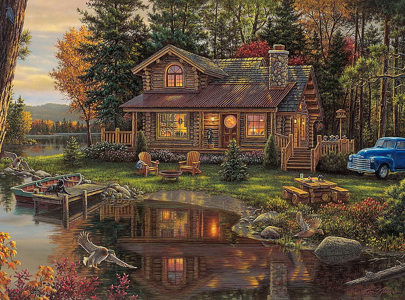 Right at Home, row, boat, truck, cabin, old, lake, log, HD wallpaper