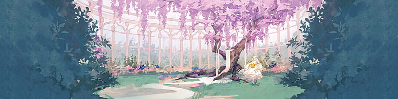 anime landscape, sakura blossom, garden, anime girl, white diress, Anime, HD wallpaper