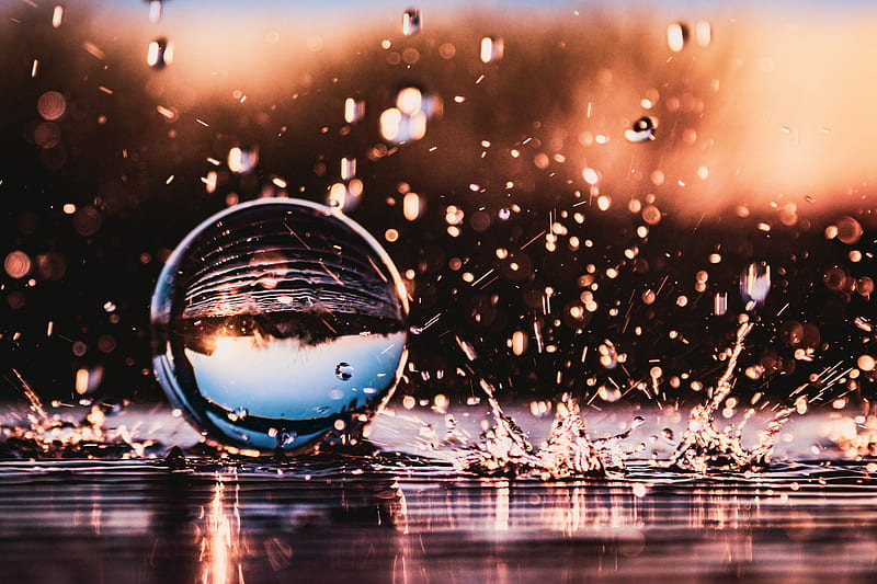 Glass ball, corona, drop, effect, glassball, lensball, macro, sunset, sunshine, virus, water, HD wallpaper