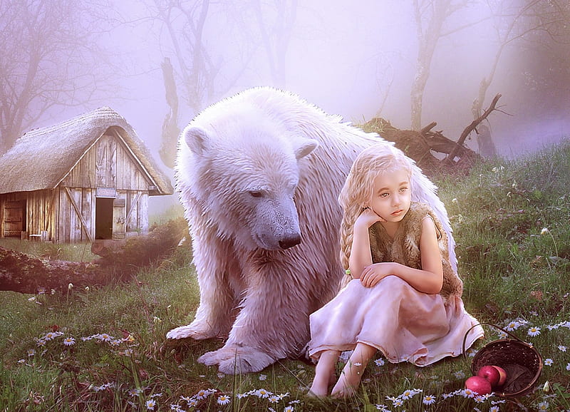 You are not alone, bear, house, child, girl, HD wallpaper